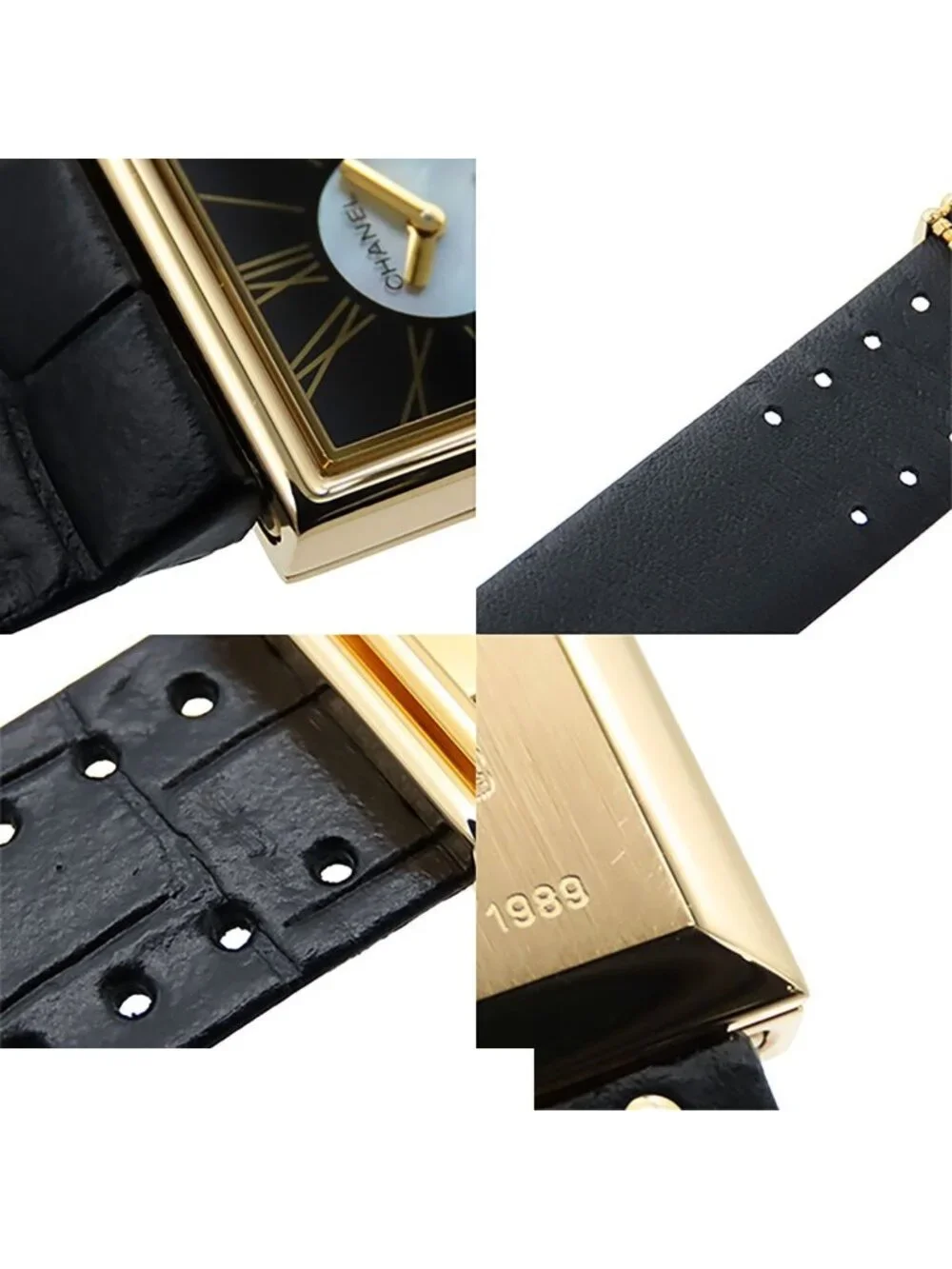 Chanel Mademoiselle Black 18K Yellow Gold Leather Shell Dial Watch Quartz